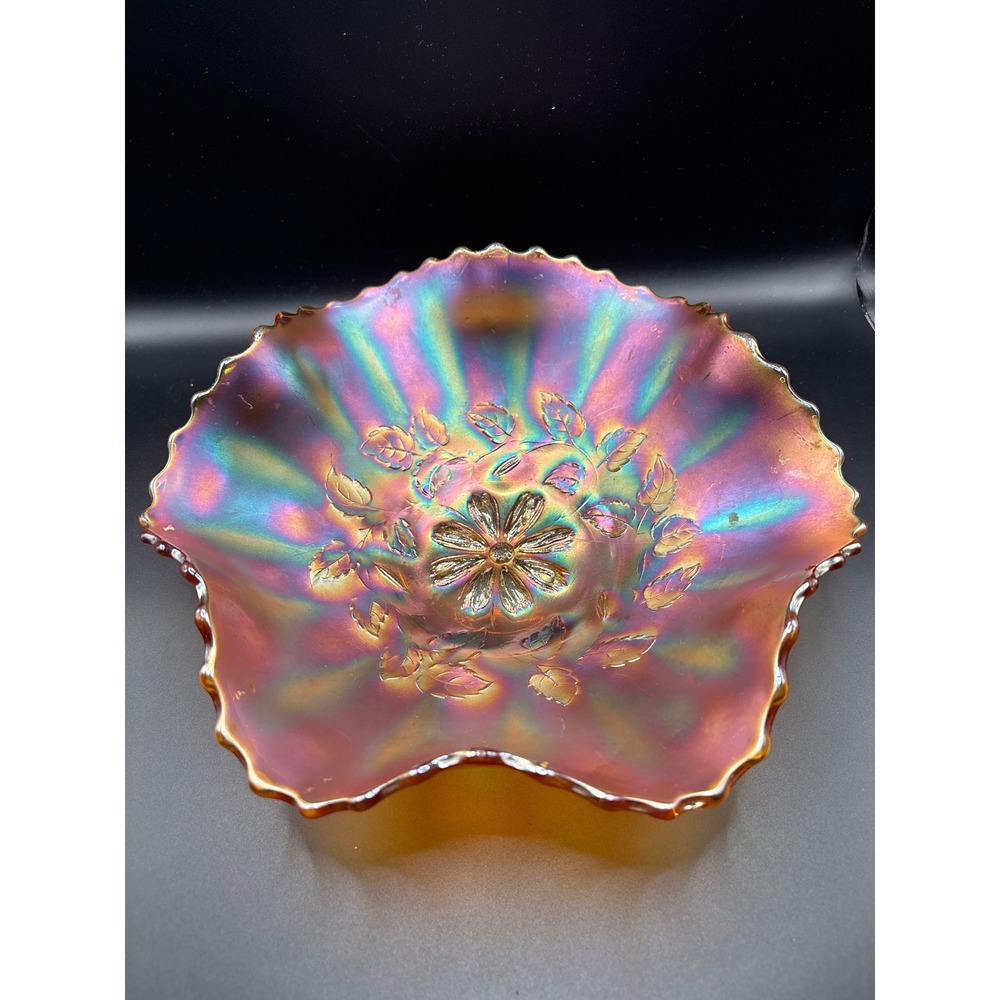 Vintage Marigold Carnival Glass Ruffled Bowl Daisy and Leaves Iridescent 9 Inch